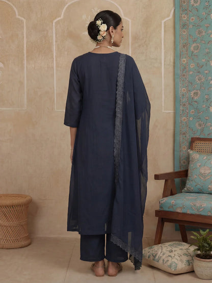 Solid A-Line Front Open Button Kurta Lining Kurta Trouser Dupatta Set