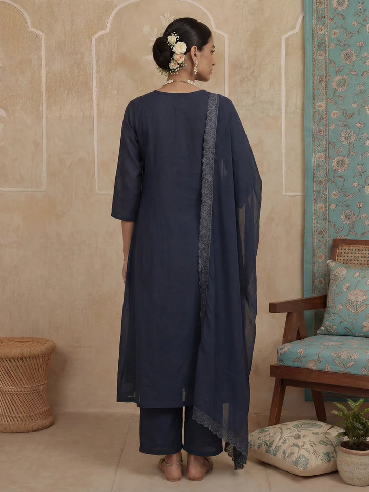 Solid A-Line Front Open Button Kurta Lining Kurta Trouser Dupatta Set