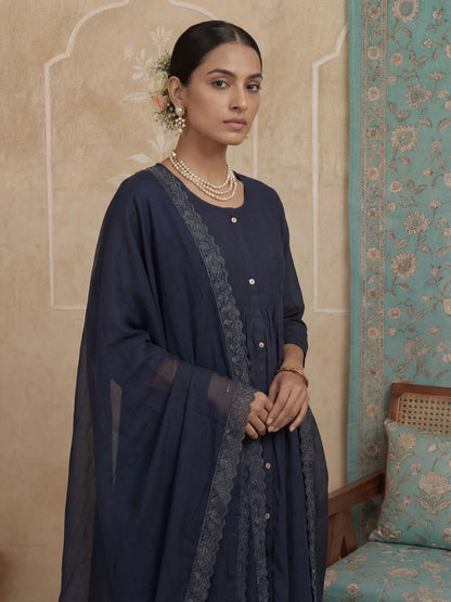 Solid A-Line Front Open Button Kurta Lining Kurta Trouser Dupatta Set