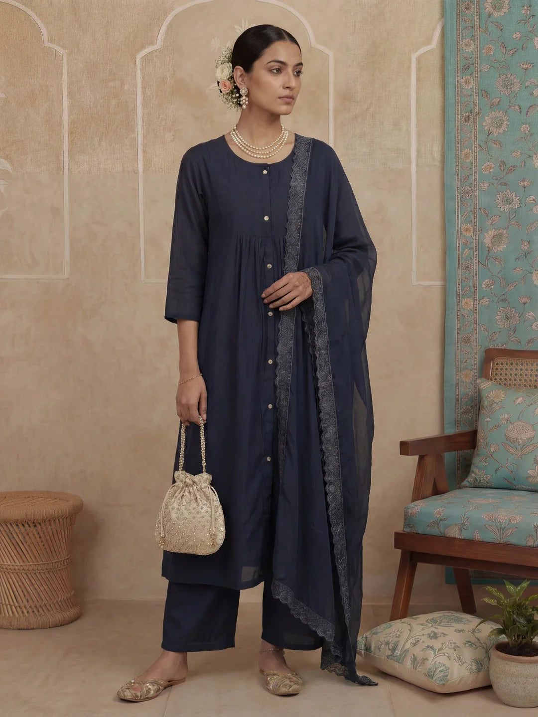 Solid A-Line Front Open Button Kurta Lining Kurta Trouser Dupatta Set