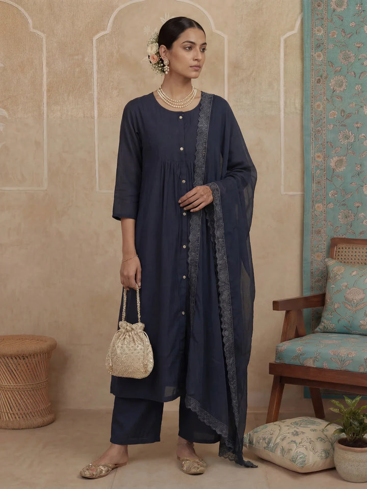 Solid A-Line Front Open Button Kurta Lining Kurta Trouser Dupatta Set