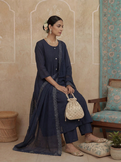 Solid A-Line Front Open Button Kurta Lining Kurta Trouser Dupatta Set