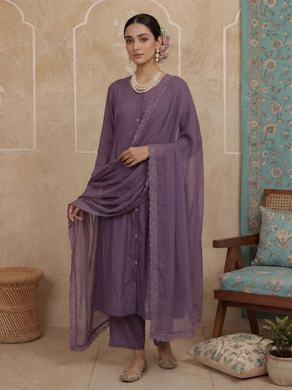 Solid A-Line Design Lining Kurta Trouser Dupatta Set
