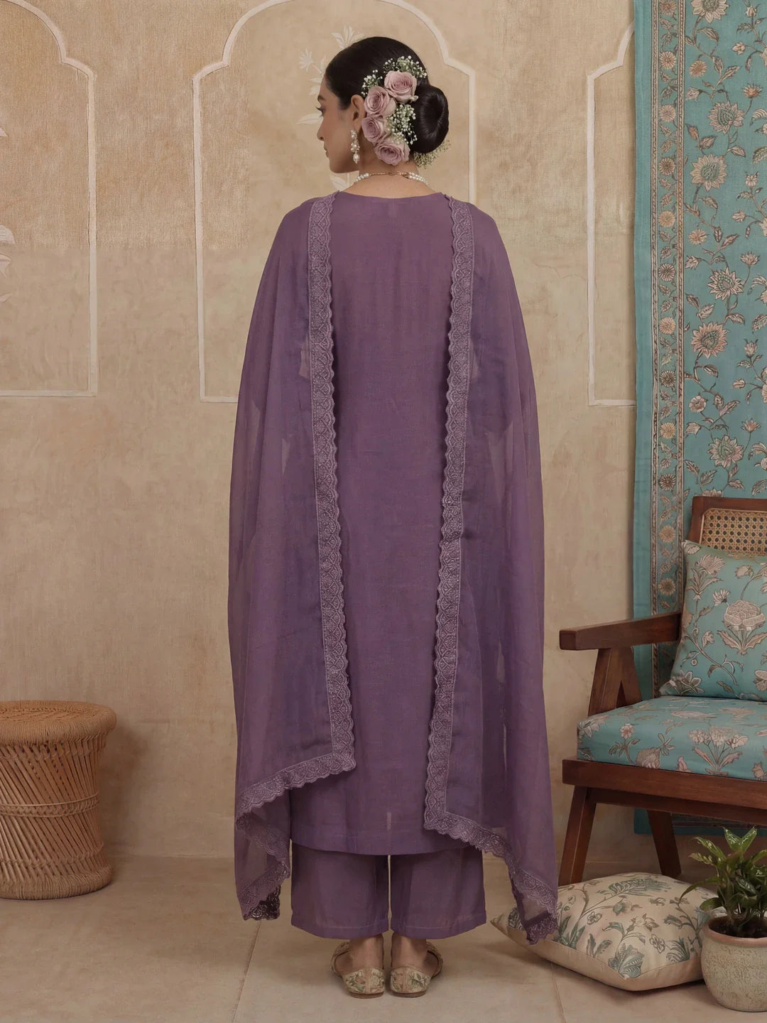 Solid A-Line Design Lining Kurta Trouser Dupatta Set