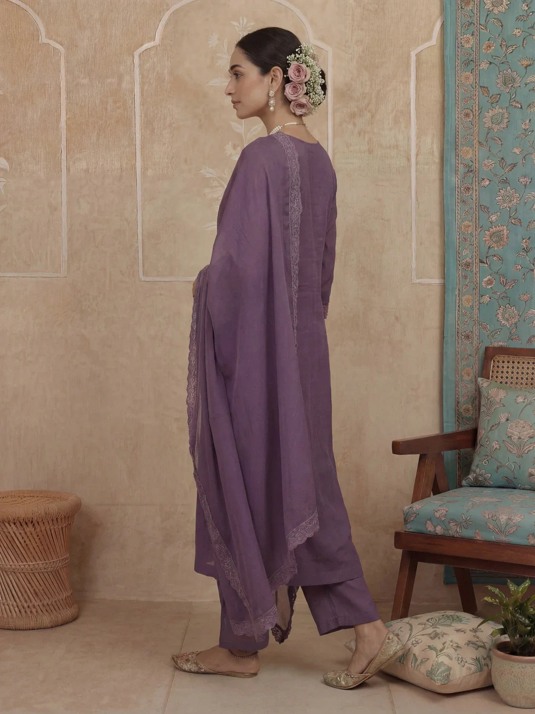 Solid A-Line Design Lining Kurta Trouser Dupatta Set