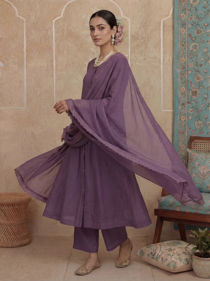 Solid A-Line Design Lining Kurta Trouser Dupatta Set