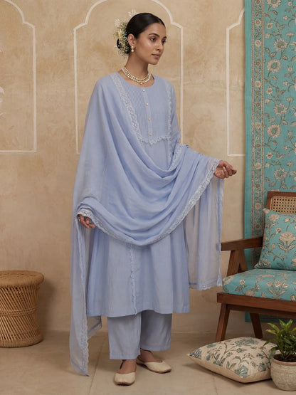 A-Line Lace-Work Design Lining Kurta Trouser Dupatta Set