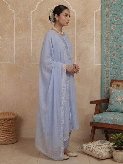 A-Line Lace-Work Design Lining Kurta Trouser Dupatta Set