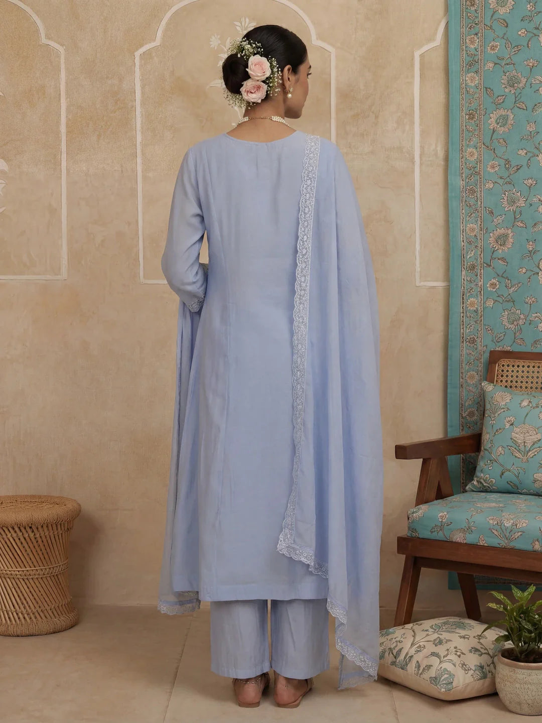 A-Line Lace-Work Design Lining Kurta Trouser Dupatta Set
