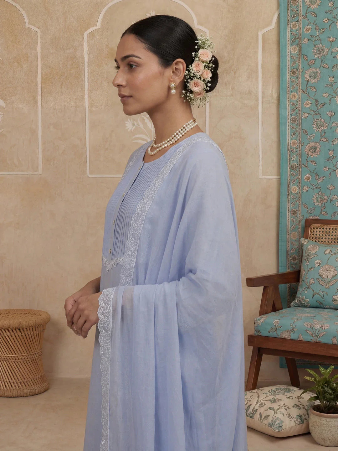 A-Line Lace-Work Design Lining Kurta Trouser Dupatta Set