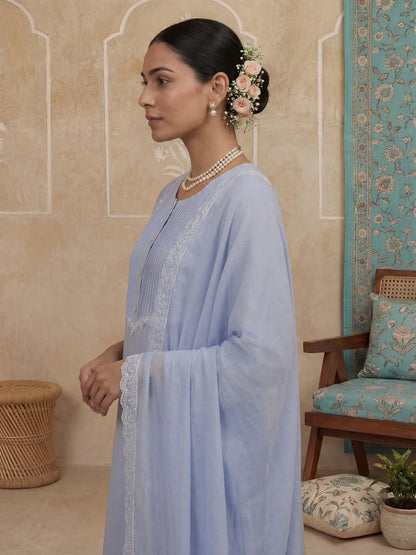 A-Line Lace-Work Design Lining Kurta Trouser Dupatta Set