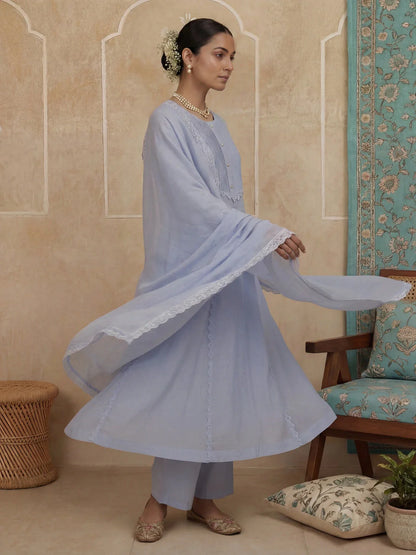 A-Line Lace-Work Design Lining Kurta Trouser Dupatta Set