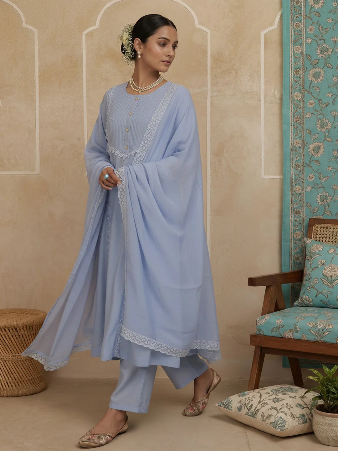 A-Line Lace-Work Design Lining Kurta Trouser Dupatta Set