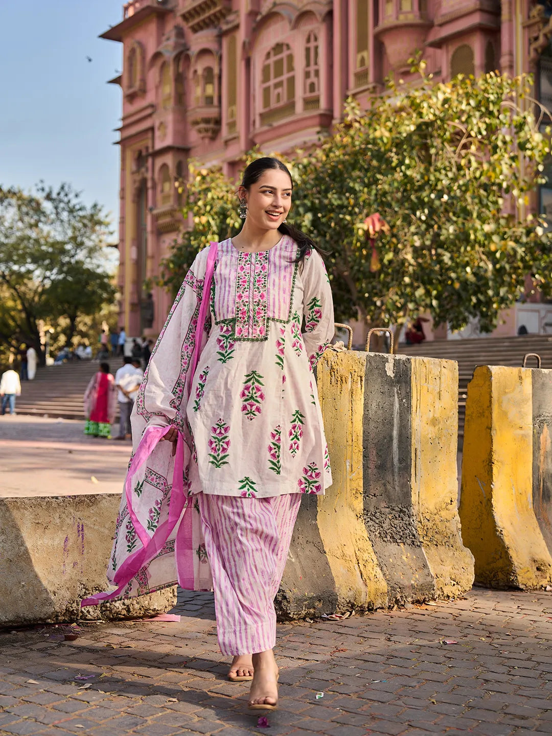 Floral Lace-Work A-Line Kurta Salwar Dupatta Set