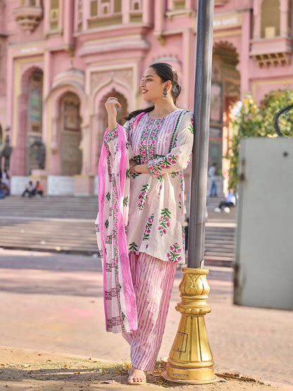Floral Lace-Work A-Line Kurta Salwar Dupatta Set