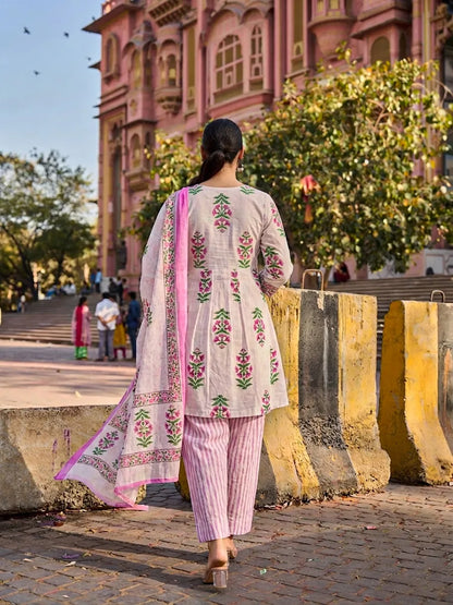 Floral Lace-Work A-Line Kurta Salwar Dupatta Set