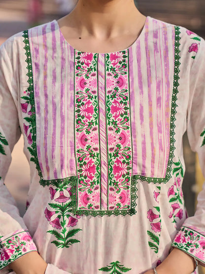 Floral Lace-Work A-Line Kurta Salwar Dupatta Set