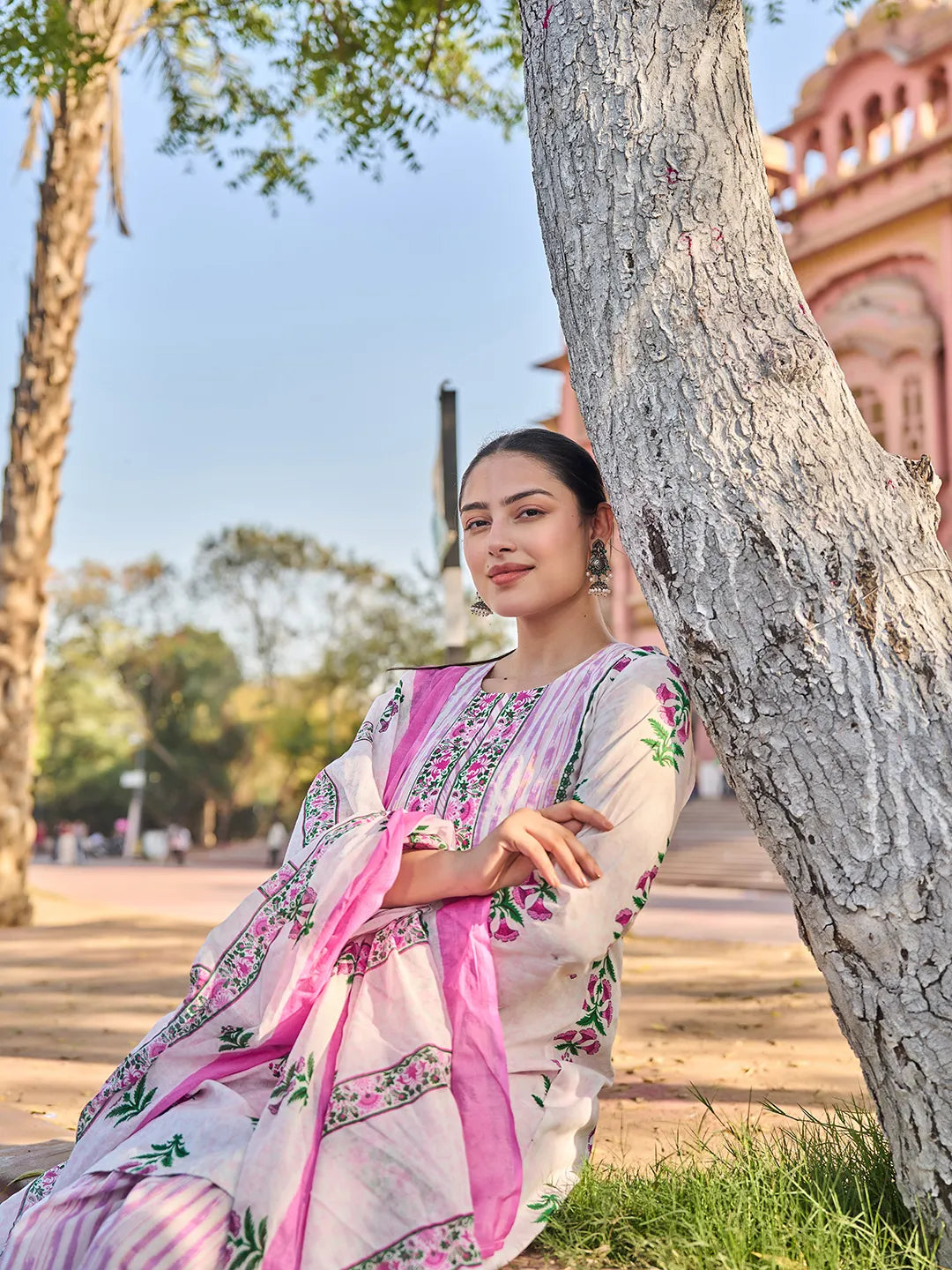 Floral Lace-Work A-Line Kurta Salwar Dupatta Set