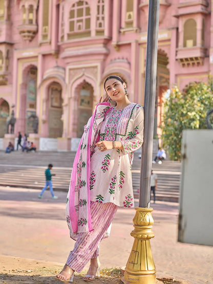 Floral Lace-Work A-Line Kurta Salwar Dupatta Set