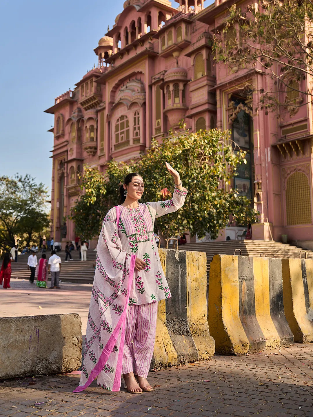 Floral Lace-Work A-Line Kurta Salwar Dupatta Set