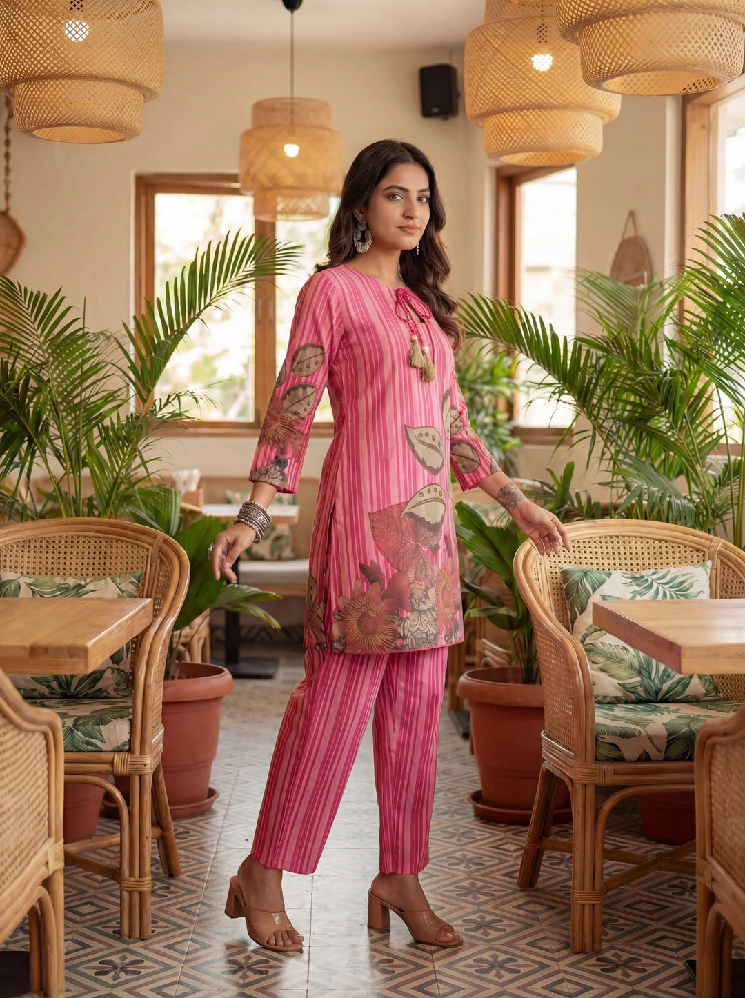 Floral And Striped Print Straight Cotton Co-Ord Set