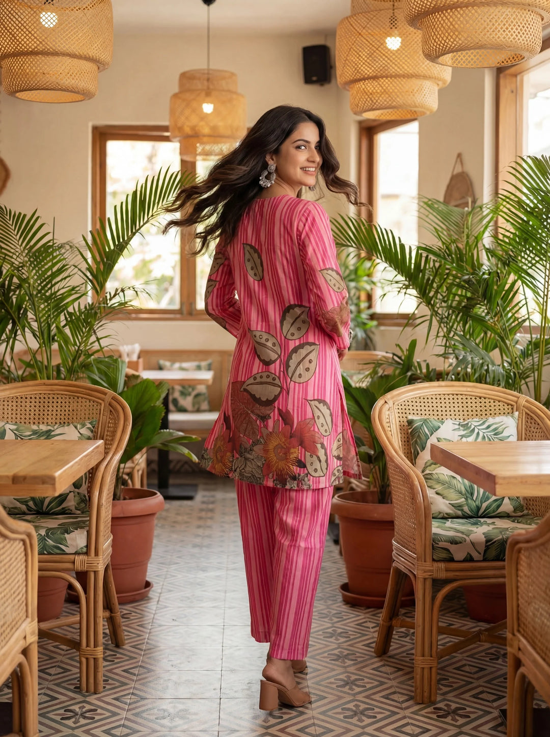 Floral And Striped Print Straight Cotton Co-Ord Set