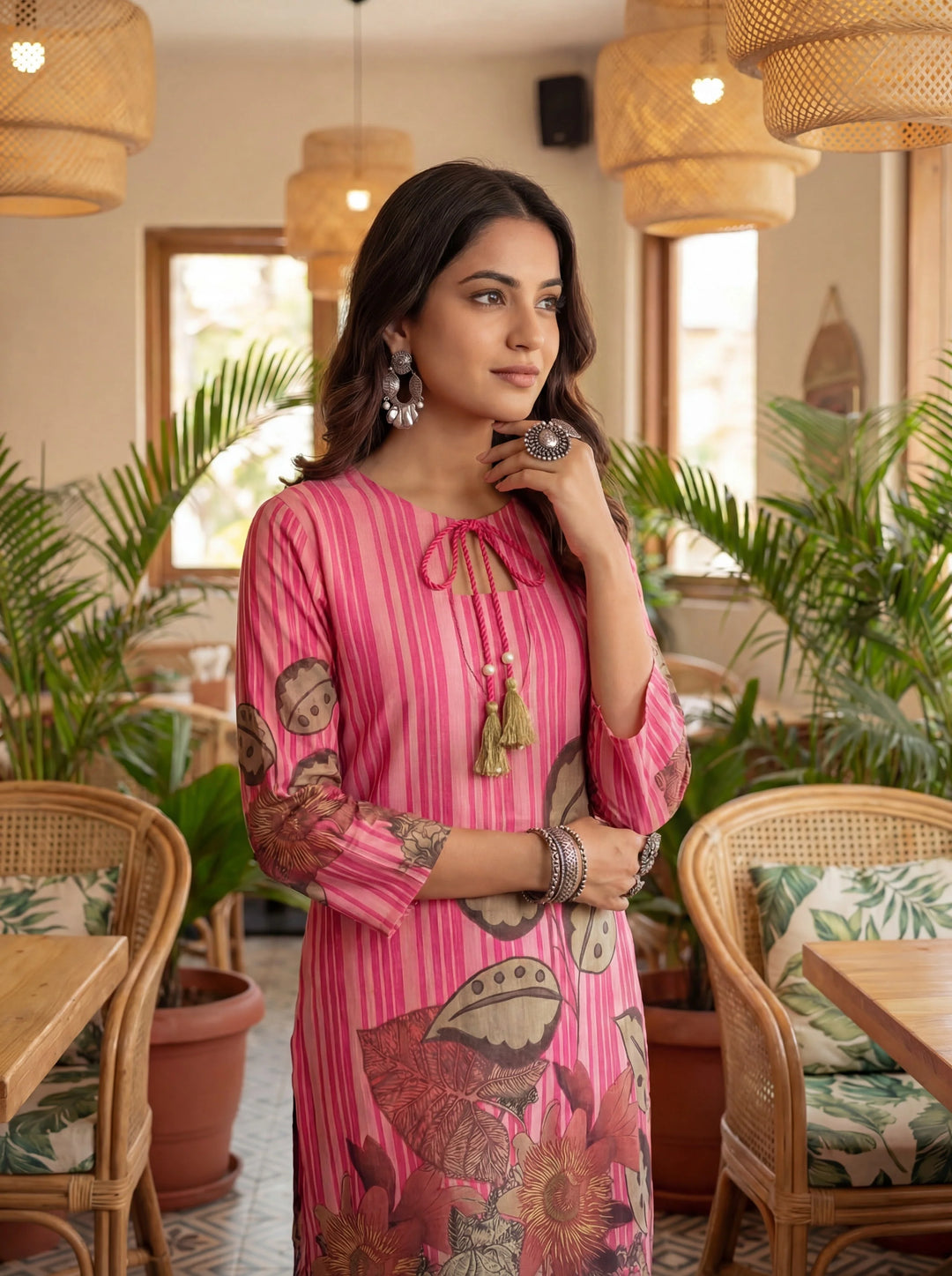 Floral And Striped Print Straight Cotton Co-Ord Set