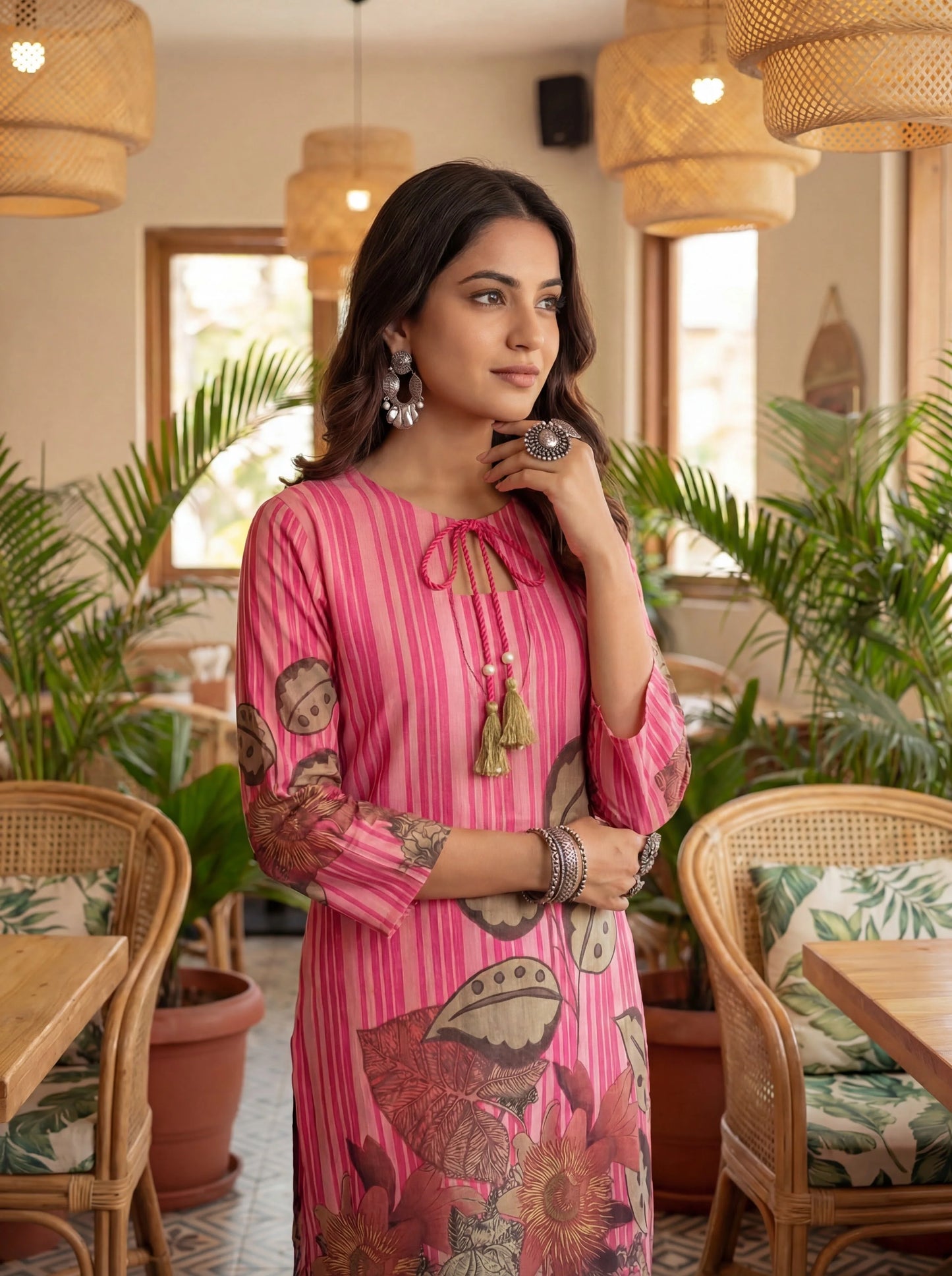 Floral And Striped Print Straight Cotton Co-Ord Set