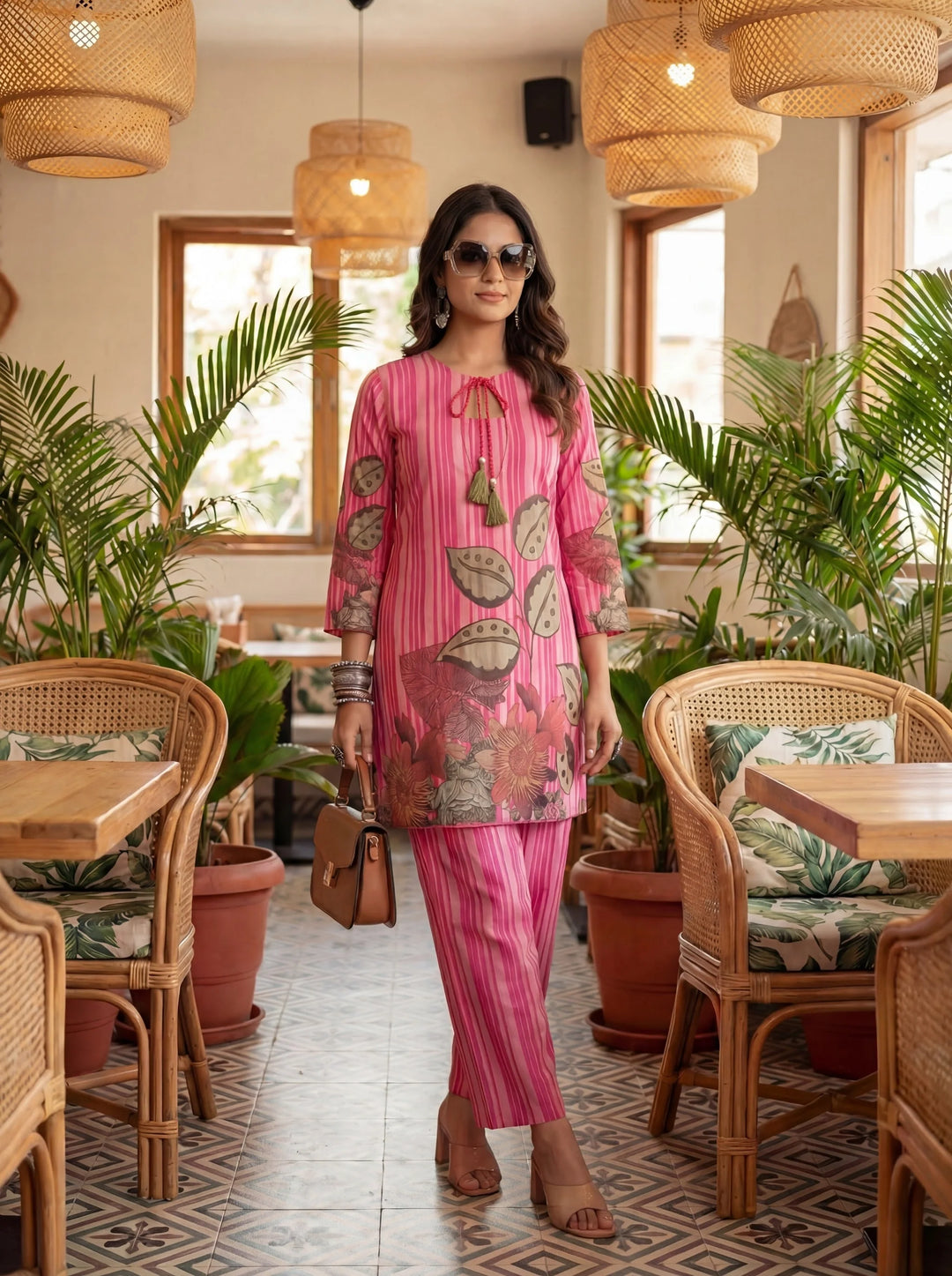 Floral And Striped Print Straight Cotton Co-Ord Set