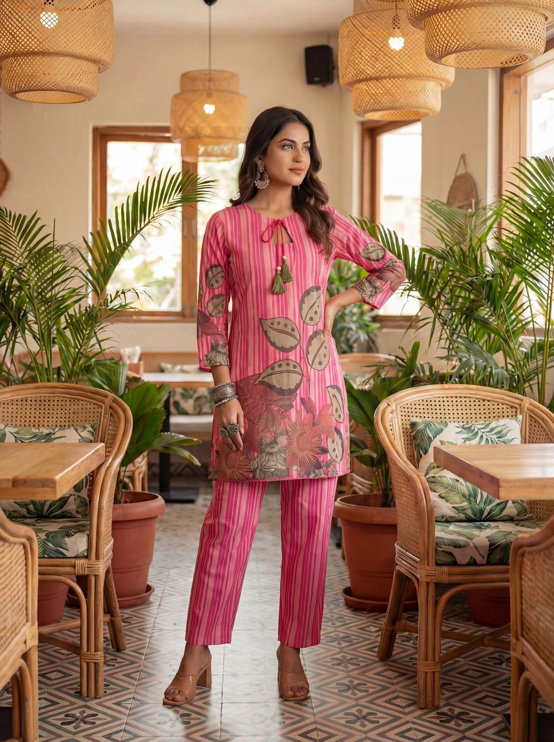 Floral And Striped Print Straight Cotton Co-Ord Set