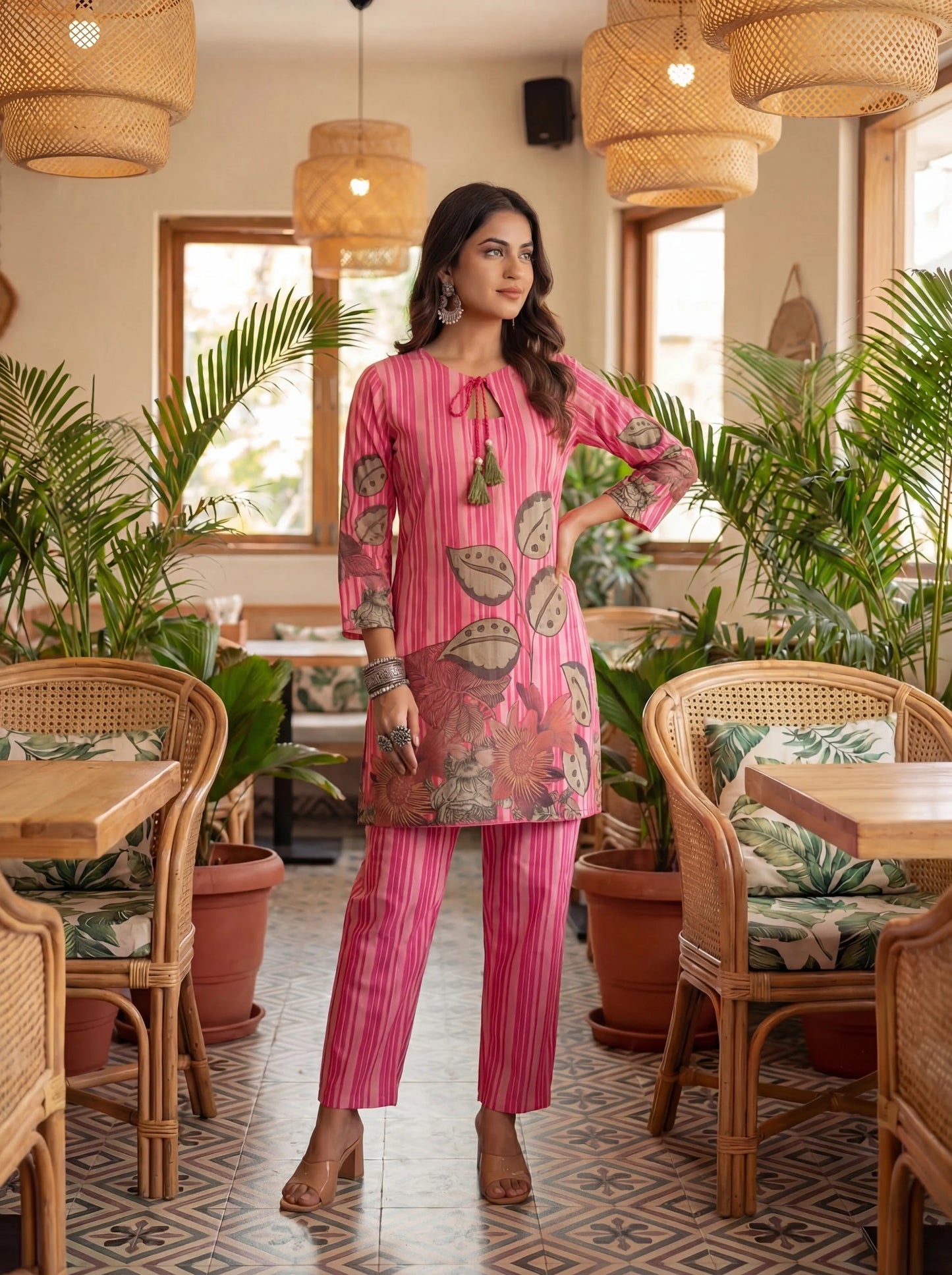 Floral And Striped Print Straight Cotton Co-Ord Set
