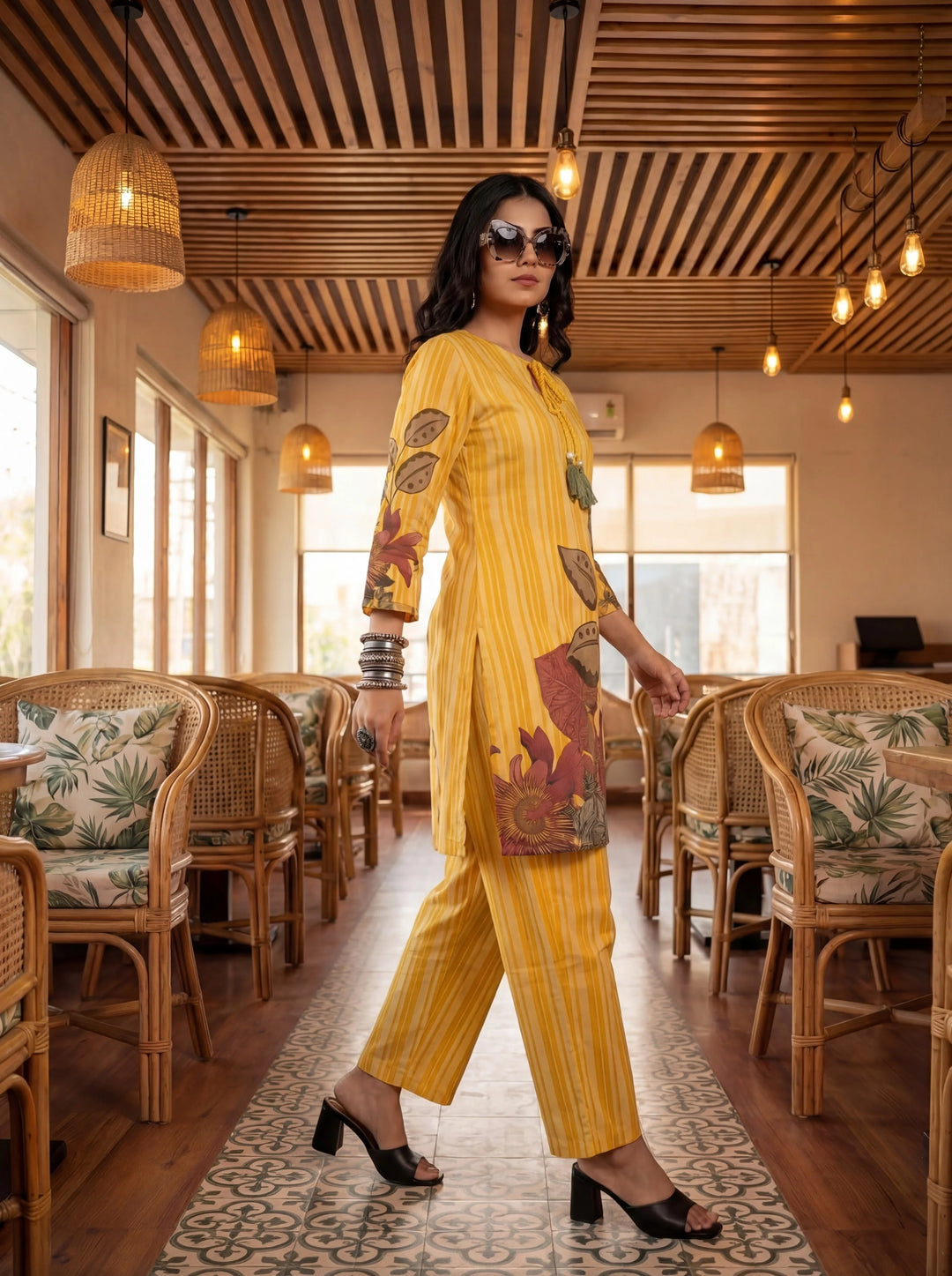 Floral And Striped Print Straight Cotton Co-Ord Set