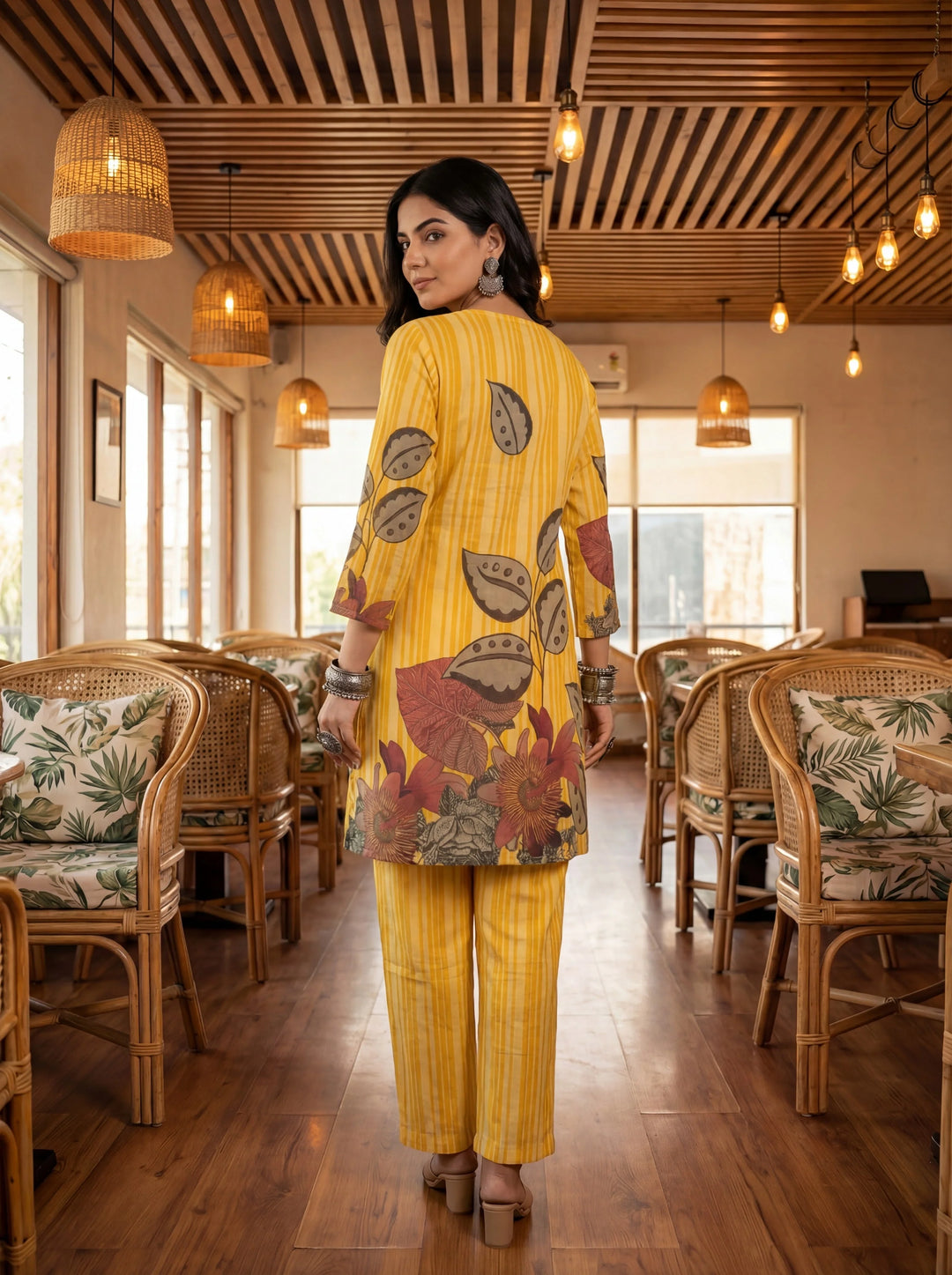 Floral And Striped Print Straight Cotton Co-Ord Set