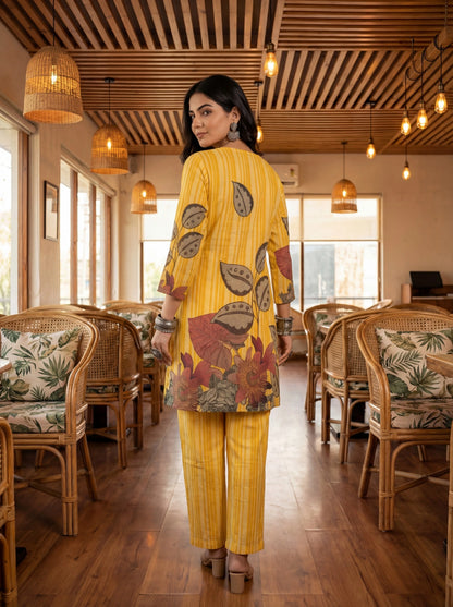 Floral And Striped Print Straight Cotton Co-Ord Set