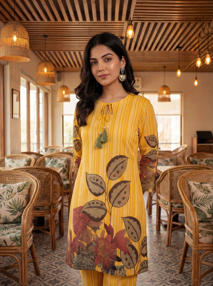 Floral And Striped Print Straight Cotton Co-Ord Set