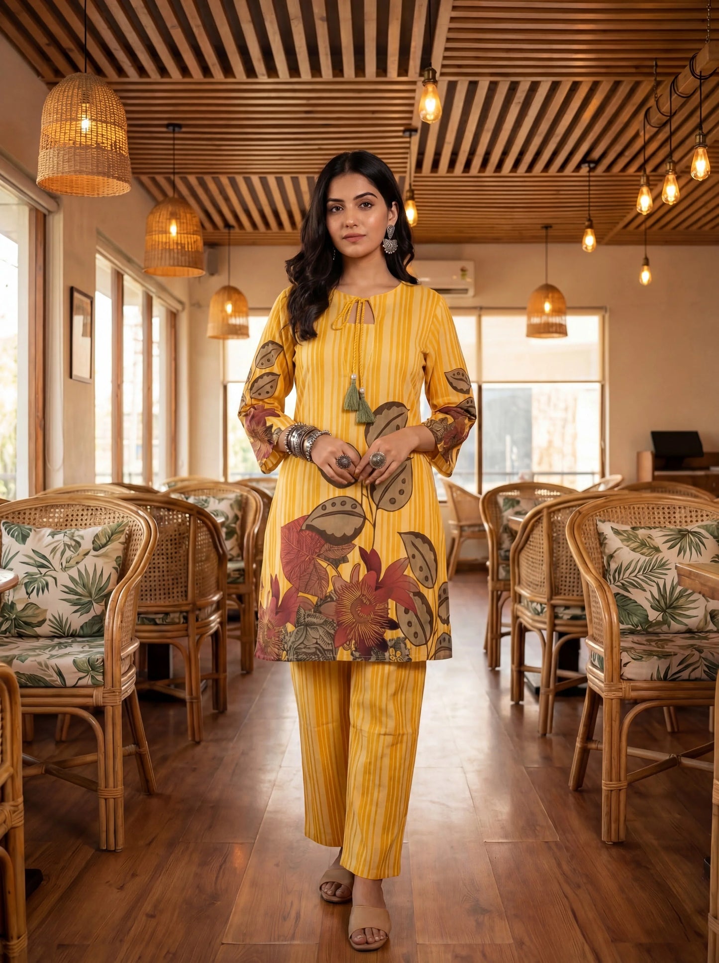 Floral And Striped Print Straight Cotton Co-Ord Set
