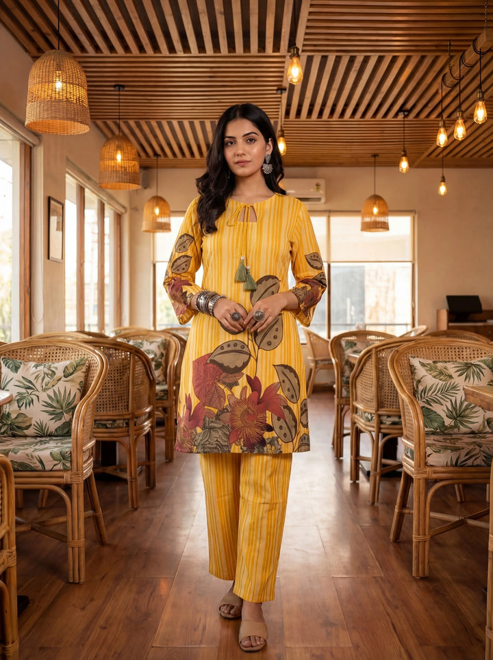 Floral And Striped Print Straight Cotton Co-Ord Set