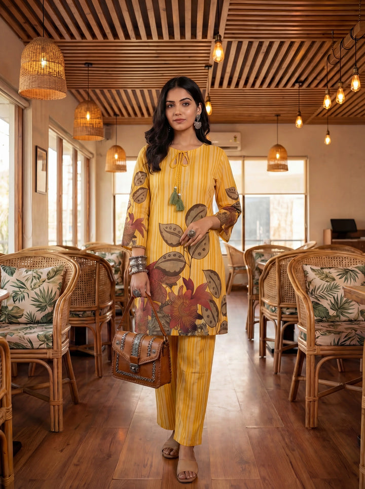 Floral And Striped Print Straight Cotton Co-Ord Set