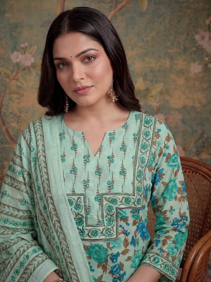 Cotton Plus Straight Sequins Work Kurta Pant Dupatta Set