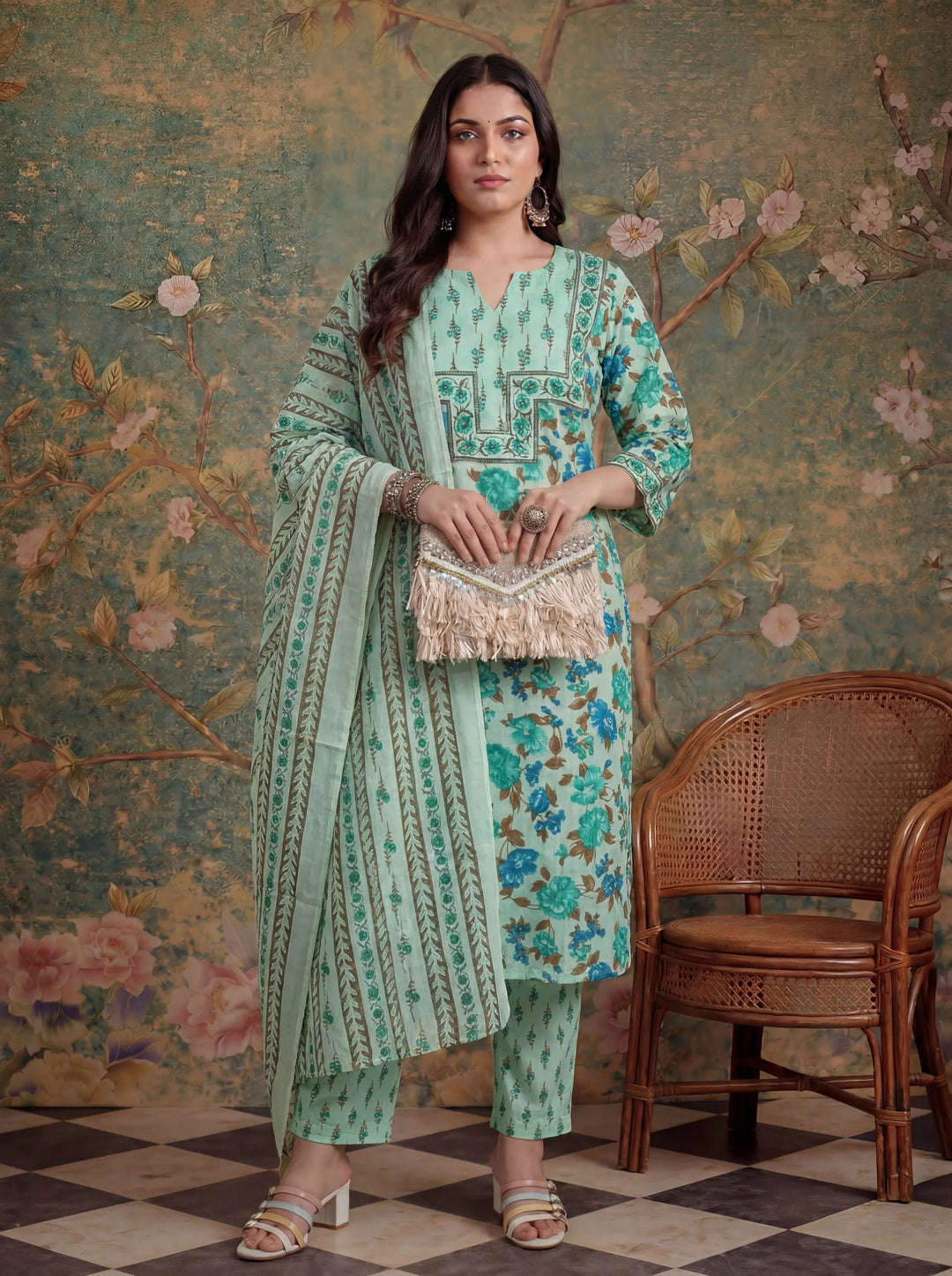 Cotton Plus Straight Sequins Work Kurta Pant Dupatta Set