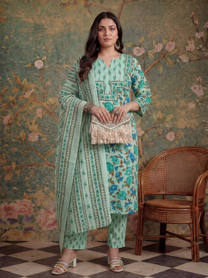 Cotton Plus Straight Sequins Work Kurta Pant Dupatta Set