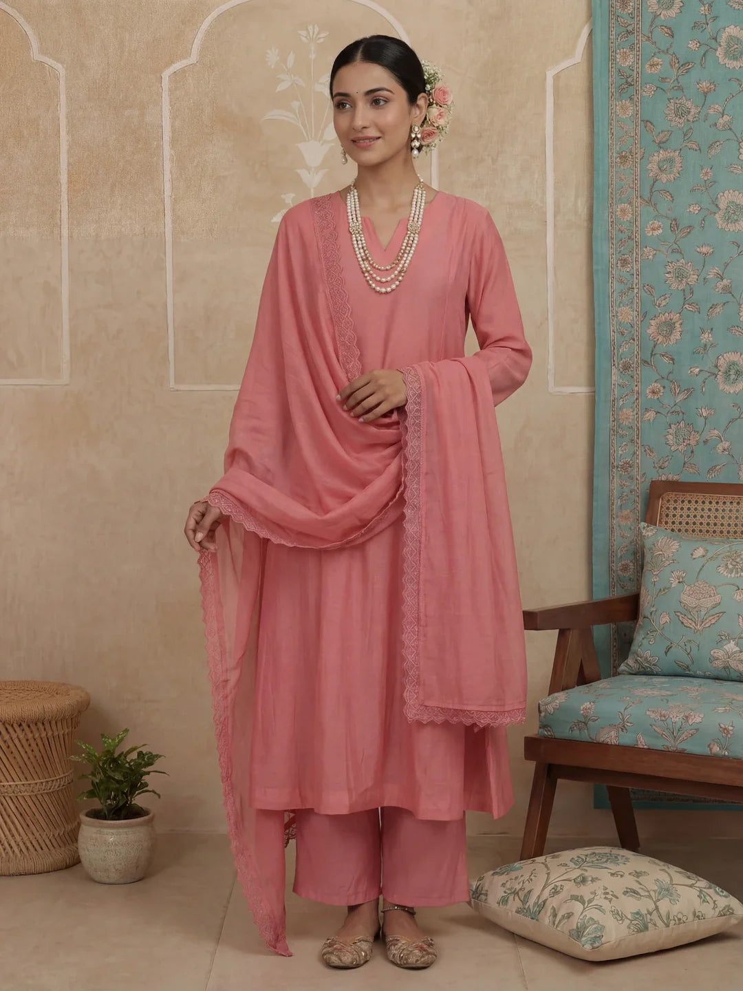 Solid A-Line Design Lining Kurta Trouser Dupatta Set