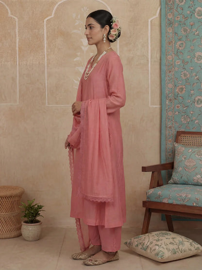 Solid A-Line Design Lining Kurta Trouser Dupatta Set