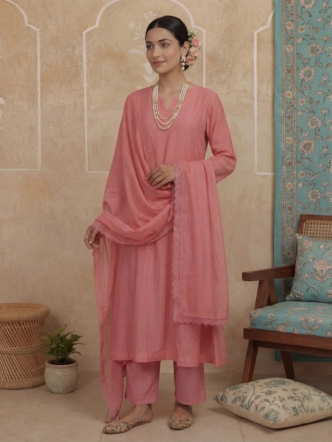 Solid A-Line Design Lining Kurta Trouser Dupatta Set