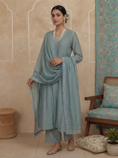 Solid A-Line Design Lining Kurta Trouser Dupatta Set