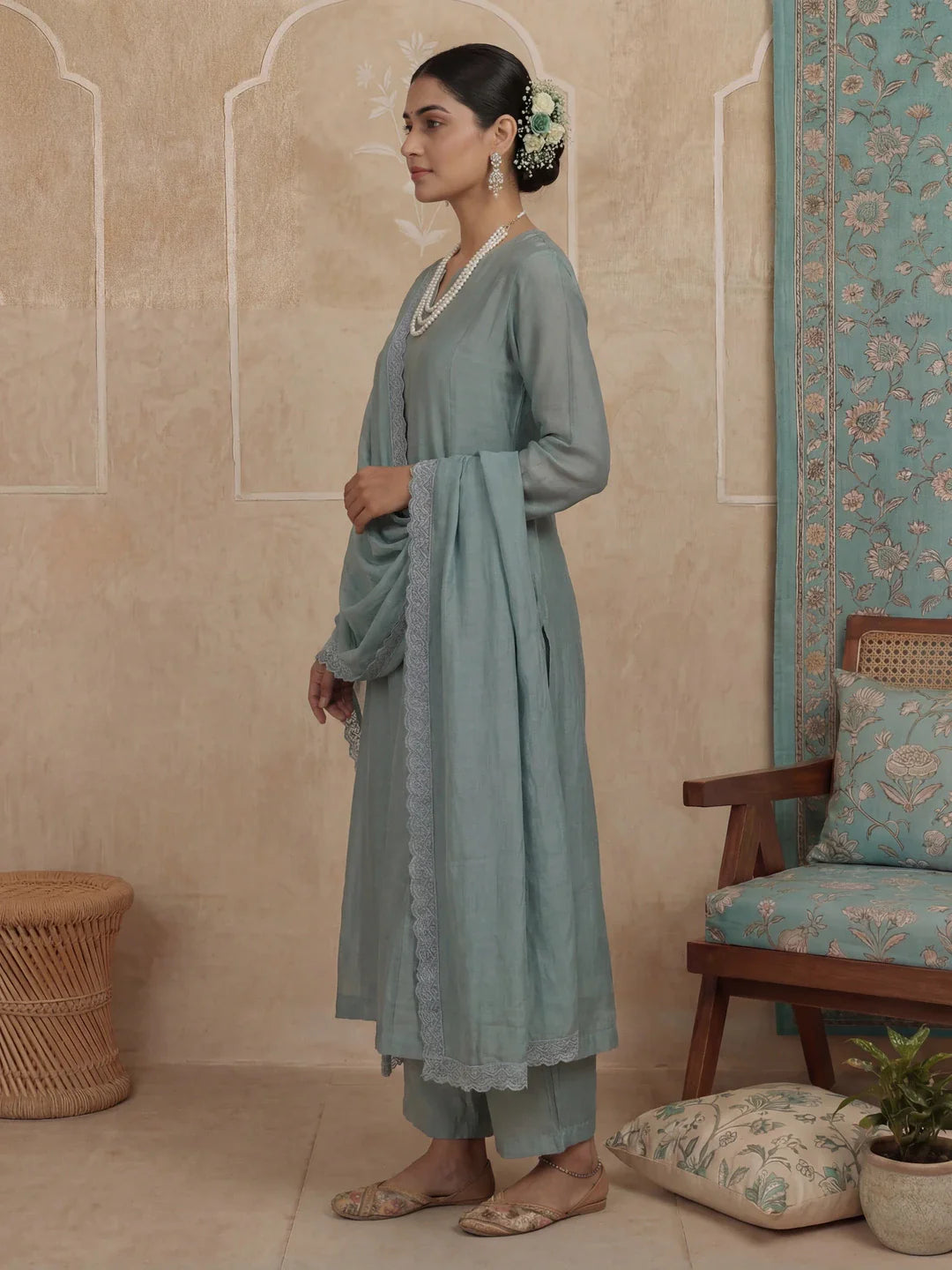 Solid A-Line Design Lining Kurta Trouser Dupatta Set