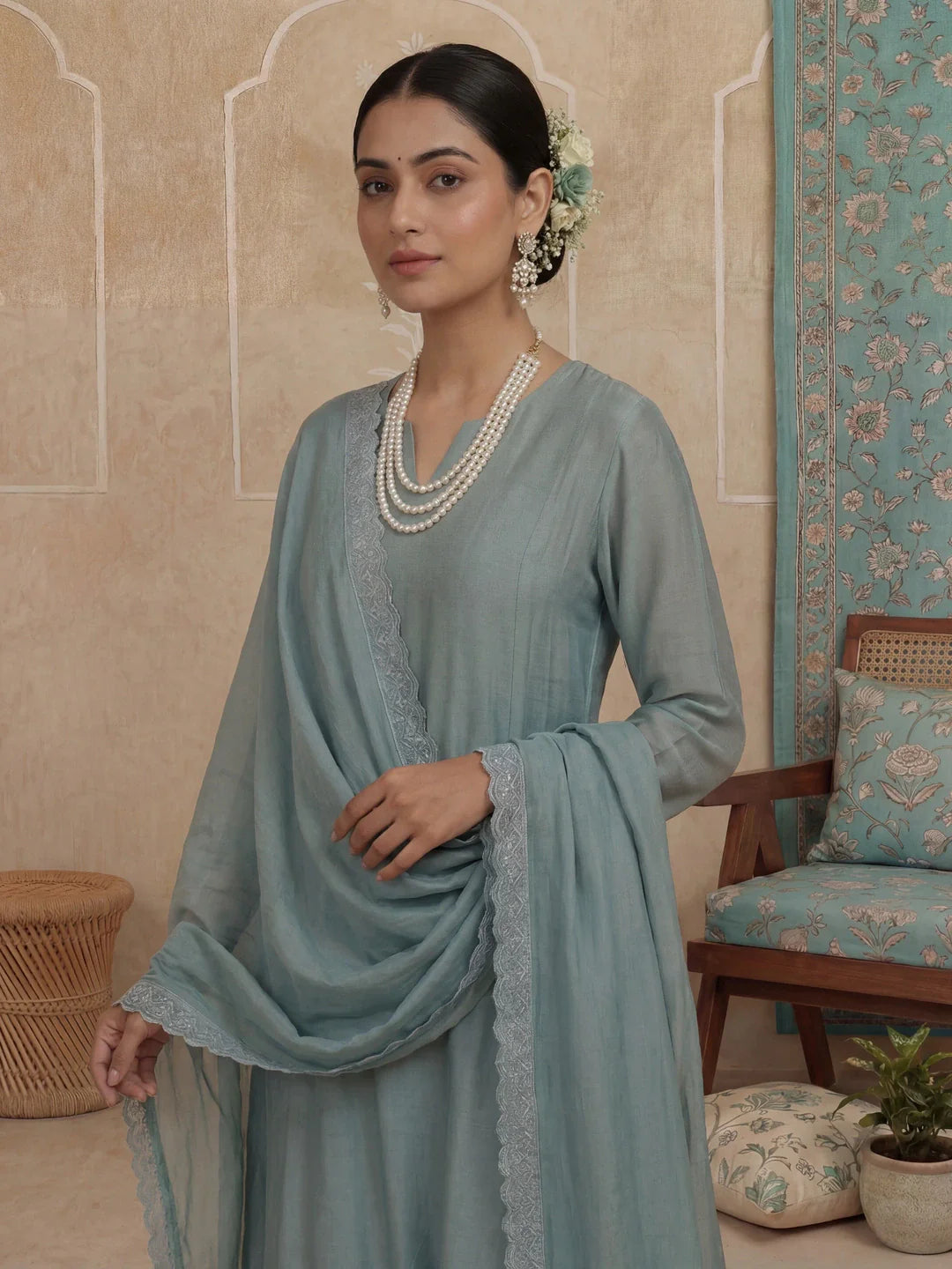 Solid A-Line Design Lining Kurta Trouser Dupatta Set
