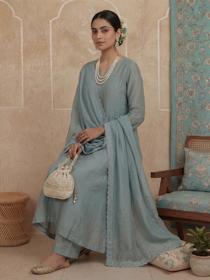 Solid A-Line Design Lining Kurta Trouser Dupatta Set
