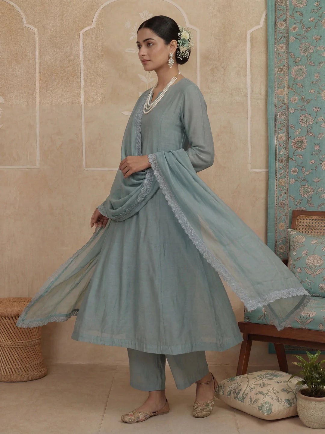 Solid A-Line Design Lining Kurta Trouser Dupatta Set