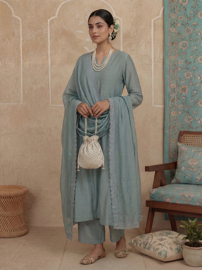 Solid A-Line Design Lining Kurta Trouser Dupatta Set